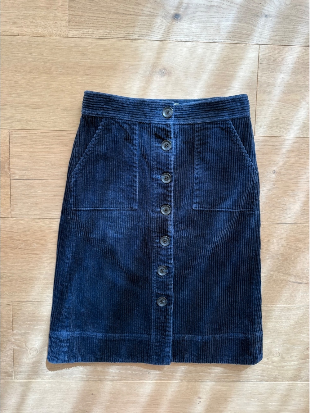 Margaret O’Leary Navy Corduroy Button Front Midi Skirt Pockets Women’s XS